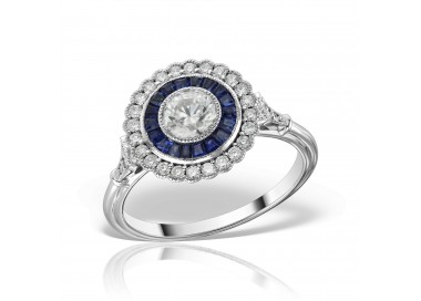Inel de logodnă cu diamant central briliant și anturaj de safire albastre și diamante, Art Deco, Vintage inspired