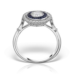Inel de logodna cu diamant central briliant si halouri de safire albastre si diamante, Art Deco, Vintage inspired