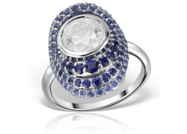 Inel de cocktail (de mana dreapta) cu diamant central briliant si cu safire albastre, Contemporary/Clasic