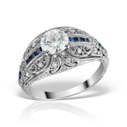 Inel de logodnă cu diamant central briliant și safire albastre, edwardian, Vintage inspired