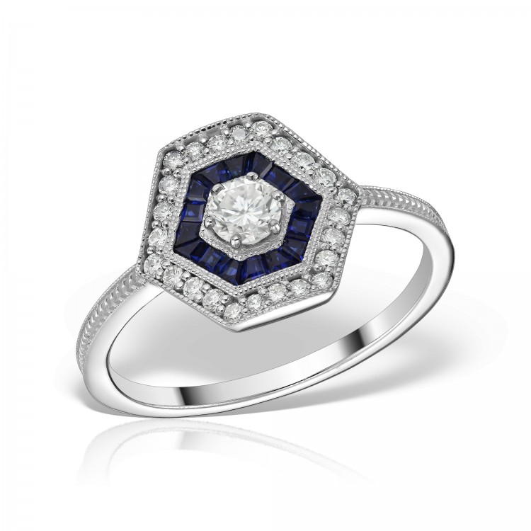 Inel de logodna cu diamante si safire albastre, Art Deco, Vintage inspired