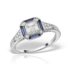 Inel de logodna cu diamant central taietura asscher si safire bagheta, Art Deco, Vintage inspired