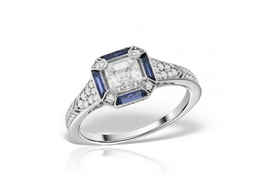 Inel de logodna cu diamant central taietura asscher si safire bagheta, Art Deco, Vintage inspired