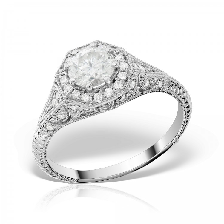 Inel de logodna din platina cu diamant central briliant, Art Deco, Vintage inspired