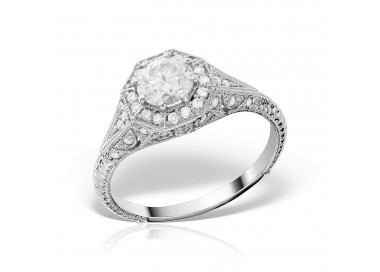 Inel de logodna din platina cu diamant central briliant, Art Deco, Vintage inspired