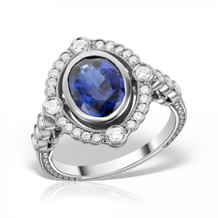 Inel de logodnă din platină cu safir albastru și anturaj de diamante, Celebrities inspired (Kate)