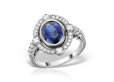 Inel de logodnă din platină cu safir albastru și anturaj de diamante, Celebrities inspired (Kate)