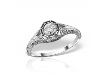 Inel de logodnă cu diamant central brilliant în casetă, filigran și millegrain, Vintage inspired