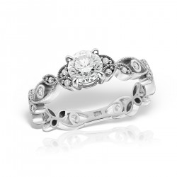 Inel de logodna cu diamant central brilliant, design floral și diamante de accent, Vintage inspired