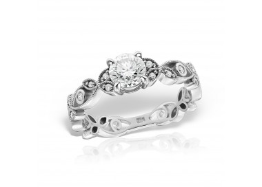 Inel de logodna cu diamant central brilliant, design floral și diamante de accent, Vintage inspired
