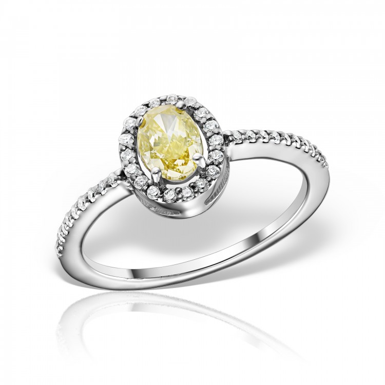 Inel de logodnă cu diamant central oval fancy intense yellow și anturaj de diamante brilliant, Contemporary/Classic