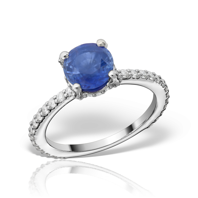 Inel logodnă din platină cu safir albastru și diamante de accent, Contemporary/Classic